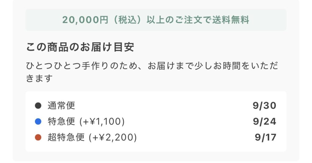 JOGGO商品ページの「この商品のお届け目安」表示